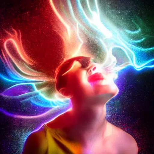 Image similar to digital art. w young woman dissolving into light. disintegrating. bright. luminous. blowing away. cinematic lighting. extremely detailed. award winning. 4 k.