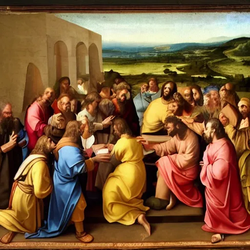 Prompt: renaissance painting jesus starting a cult with a bunch of hill billies