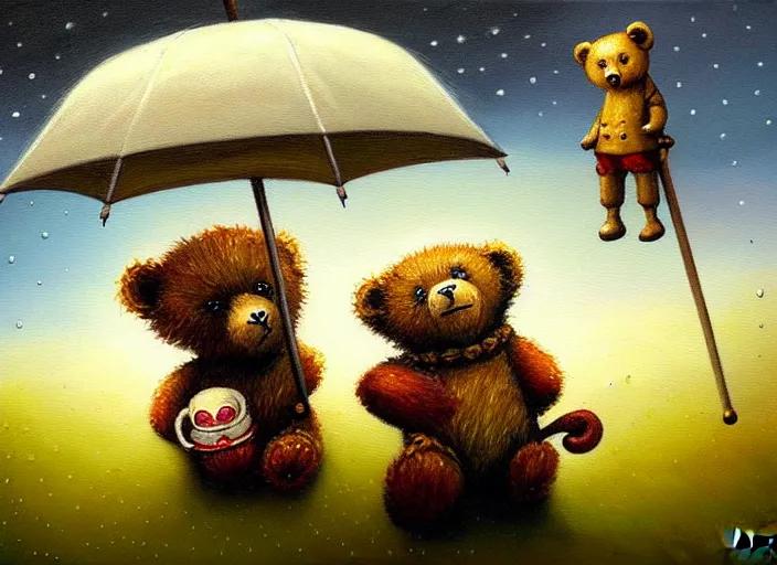 Image similar to detailed oil painting of teddy bear with umbrella by marc simonette and alexander jansson, stormy weather, concept art