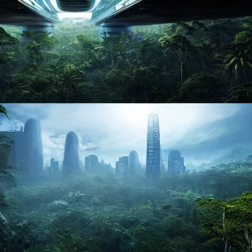 Image similar to extreme wide shot a futuristic containment building in a rainforest valley with a city in the distance, national geographic, hyper realistic, 4 k, harsh light, artstation