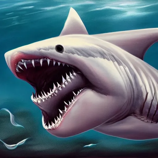 Image similar to a dream fantasy painting of white shark with blood teeth near a swimming man, in the deep, trending on artstation, deviantart, photorealism