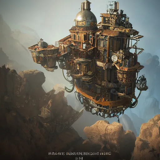 Prompt: a flying steampunk fortress, extremely detailed, behrens style, unreal 5 render, fantasy digital art, octane render, beautiful composition, trending on artstation, award - winning photograph, masterpiece