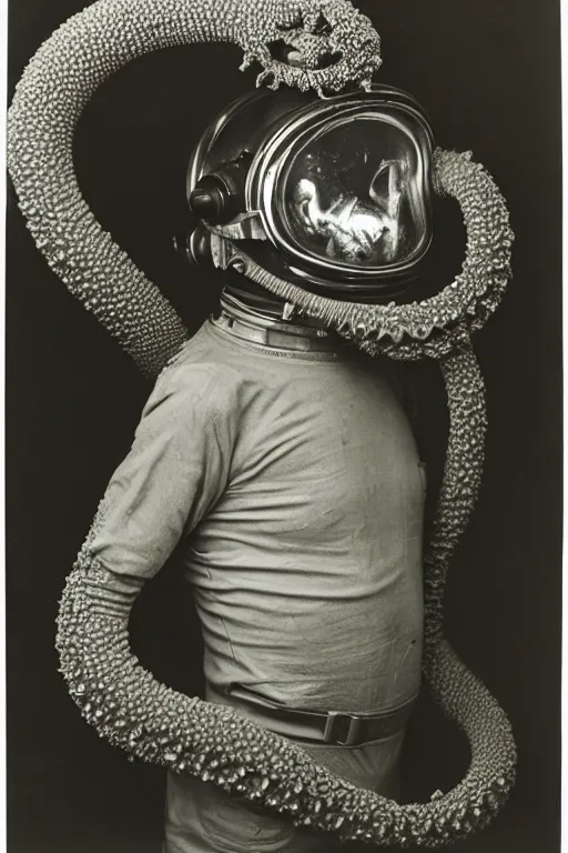 Image similar to extremely detailed studio portrait of space astronaut, alien tentacle protruding from eyes and mouth, slimy tentacle breaking through helmet visor, shattered visor, full body, soft light, disturbing, shocking realization, award winning photo by james van der zee