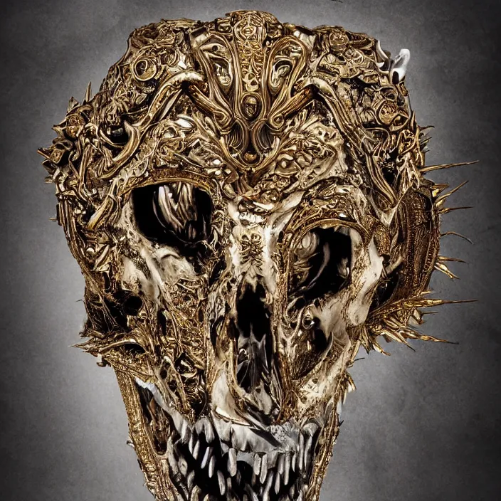 Image similar to photo portrait portrait of skull of wolf, lying on bones, dramatic lighting, golden ornaments, symmetric, intricate skeletal decorations, symmetry, highly detailed, concept art, black, red, white, gold layers, super moon, style of nekroxiii, hyperrealistic