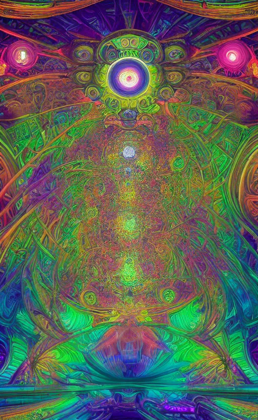 Image similar to visionary eye sacred geometry of a mandelbulb eco - system in a nebula of neon psychedelic colors with precise details, perfect symmetry, dmt 5 th dimension, vivid colors, neon colors, by alphonse mucha and gustave dore, unreal engine 8 k hdr psychedelic photorealism