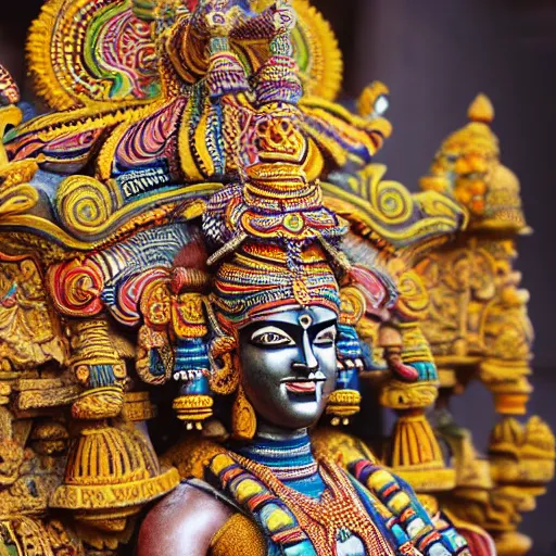 Prompt: a woman wearing an armor and headdress. the armor and headdress is made out of the colors, textures and sculptures of the meenakshi temple in madurai. intricate. detailed.