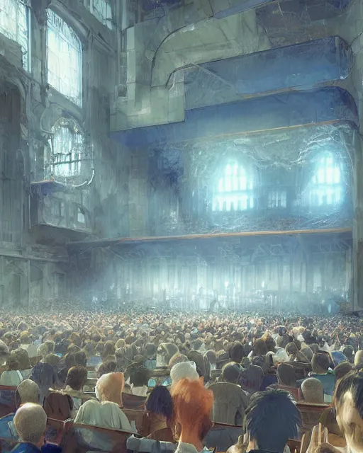 Image similar to craig mullins and ghibli digital illustration of a crowd in a futuristic church, priest, pews, ethereal, inviting, bright, unreal engine, hyper realism, realistic shading, cinematic composition, realistic render, octane render, detailed textures, photorealistic, wide shot