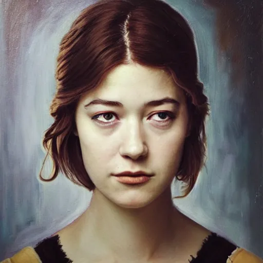 Image similar to a masterpiece portrait photo of a blindfold beautiful young woman who looks like elizabeth winstead, symmetrical face, painting