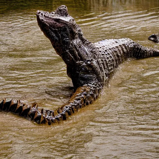 Image similar to a human - crocodile hybrid, wildlife photography