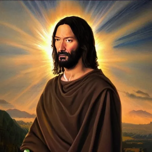 Prompt: keanu reaves as jesus in an epic mormon painting
