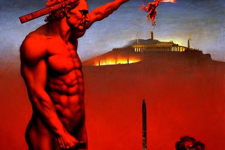 Image similar to only with red, a red melted apollo with a laurel wreath and a flaming sword announce the win, athens in the background, in the style of beksinski, part by hopper, part by rodcenko, part by hofbauer, intricate composition, red by caravaggio, insanely quality, highly detailed, masterpiece, red light, artstation