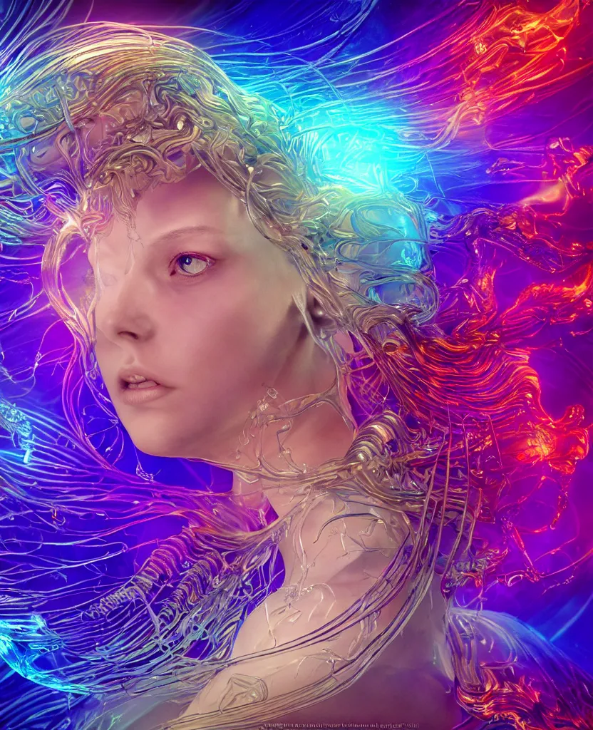 Image similar to iridescent close-up macro portrait of the face of a beautiful princess, epic angle and pose, symmetrical artwork, 3d with depth of field, blurred background, cybernetic jellyfish female face skull phoenix bird, translucent, nautilus, energy flows of water and fire. a highly detailed epic cinematic concept art CG render. made in Maya, Blender and Photoshop, octane render, excellent composition, cinematic dystopian brutalist atmosphere, dynamic dramatic cinematic lighting, aesthetic, very inspirational, arthouse. y Greg Rutkowski, Ilya Kuvshinov, WLOP, Stanley Artgerm Lau, Ruan Jia and Fenghua Zhong