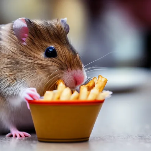 Image similar to detailed photo of a hamster eating fries, fancy restaurant, various poses, full body, unedited, soft light, dof 8 k