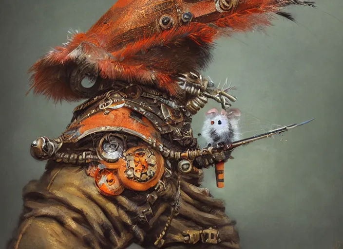 Image similar to ashigaru steampunk - inspired feathered mouse, colorful plumage, lacquered armor, cute but determined, hard focus, art station, by jessica rossier and brian froud, cinematic fantasy painting, orange grey white, in a woodland glade