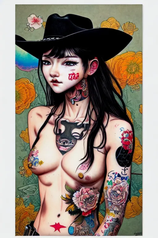 Prompt: full view of cowboy girl with classic tattoos, wearing a cowboy hat, style of yoshii chie and hikari shimoda and martine johanna, highly detailed
