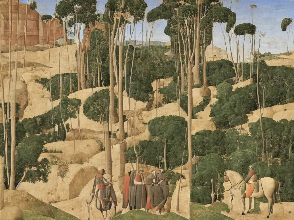 Prompt: Three men on a black horse are entering a cave ferns palms. Painting by Piero della Francesca