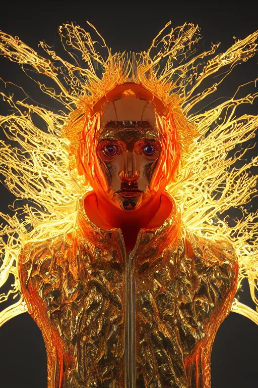 Image similar to hyper detailed ultra sharp portrait of baroque and bladerunner delicate neon ruby sculpture of seductive albino primce royce tigers orange iridescent humanoid deity wearing metallic hoody made out of leaves holding the sun prismatic dungeon, glowing rainbow face, crown of white diamonds, cinematic lighting, photorealistic, octane render 8 k depth of field 3 d