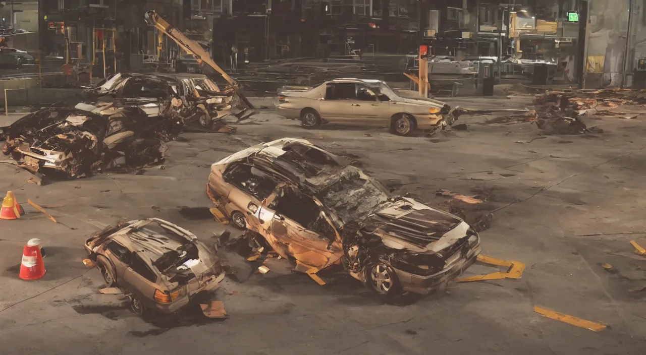 Prompt: Action shot of a single 1993 brown nissan maxima crashing into two construction drums stacked on top of each other, the windshield is being smashed by the top construction drum, photo realistic, night, photo realistic, depth of field, award winning, cinematic, color graded