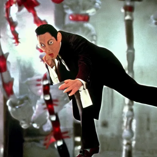 Prompt: pee wee herman as an agent from the matrix, movie still, action shot, 4 k, ultra realistic, highly detailed,