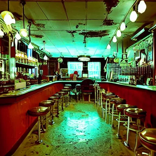 Image similar to inside an old fashioned ice cream parlor. a leaking case of melting ice cream cases is behind the bar. the leak has made a puddle on the floor, and the puddle is reminiscent to the shape of werewolf fangs. there is an eerie voluminous blue electric glow. digital art, ultrarealistic, cinematic, autochrome