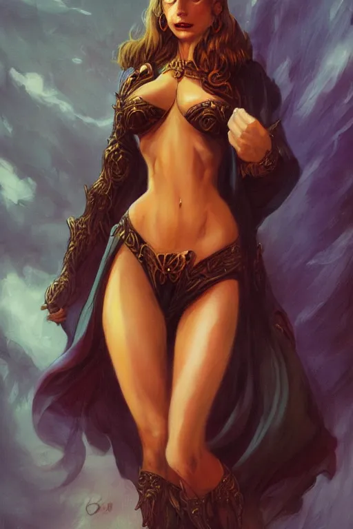 Prompt: a portrait of a beautiful female wizard, beautiful clothes, style of Boris Vallejo and Frank Frazetta, very detailed, fantasy art, trending on artstation and deviantart