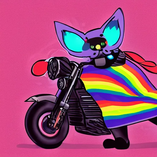 Image similar to wide angle full body, jacket wearing fluffy cute rainbow kitten wearing a black leather motorcycle jacket, riding on a motorcycle, cinematic concept art