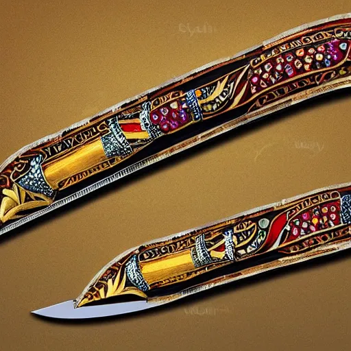 Image similar to artistic knife with jewels and gold inlay in the style of a indonesian keris, photorealistic