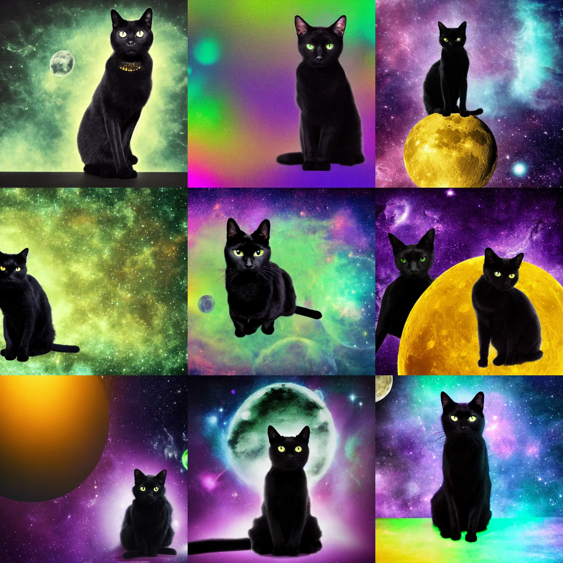 Prompt: photograph of a black cat with yellow eyes staring at you seated on the surface of an alien moon, green and purple studio lighting, on a galactic space looking background