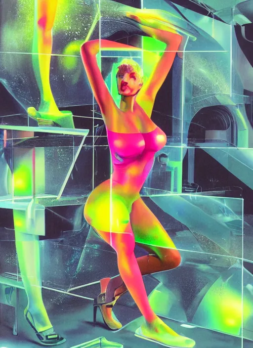 Image similar to futuristic lasers tracing, colorsmoke, fullbodysuit, pyramid hoodvisor, raindrops, wet, oiled, beautiful cyborg girl aphrodite pinup, by steven meisel, kaws, rolf armstrong, hannah af klint, perfect geometry abstract acrylic, octane hyperrealism photorealistic airbrush collage painting, monochrome, neon fluorescent colors, minimalist rule of thirds, eighties eros