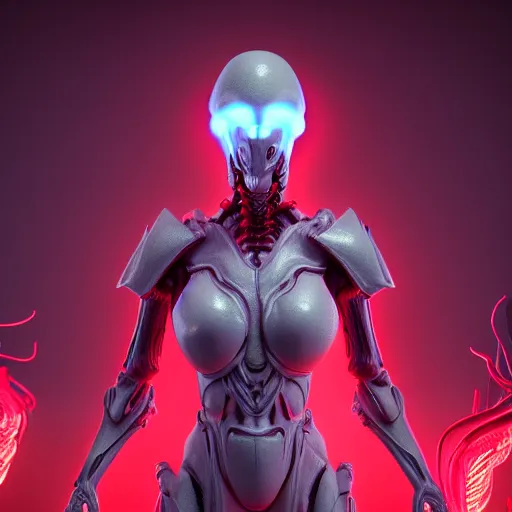 Image similar to stunning symmetric full body character image, woman, predator, Protoss, human, Tsutomu Nihei, 3d octane render, unreal engine, hyper realistic, realistic, white bone armor, soft illumination, human facial features, surrounded in red glowing tendrils of whispy smoke, trending artstation, 4K, insane