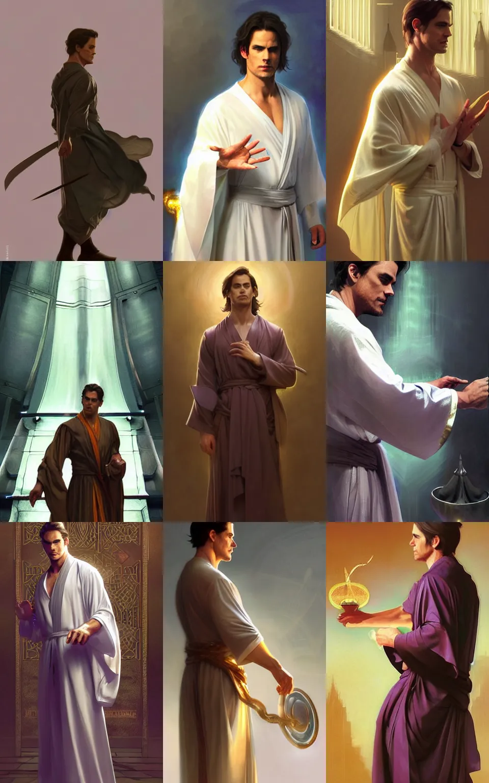 Prompt: character concept portrait of Matt Bomer as a cleric healer enchanting a blessing. Magic aura, silk robes, elegant, dynamic perspective, digital painting, concept art, smooth, sharp focus, illustration, from Metal Gear, by Ruan Jia and Mandy Jurgens and William-Adolphe Bouguereau, Artgerm