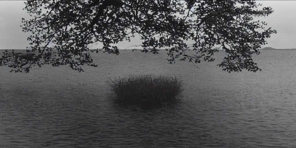 Prompt: an infinitely long rope zig - zagging across the surface of the water into the distance, floating submerged rope stretching out towards the center of the lake, a dark lake on an overcast day, rocky shore, directed by stanley kubrick, atmospheric, color film, trees in the background, hyper - detailed photo, anamorphic lens