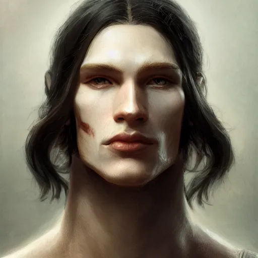 Prompt: portrait of a attractive male with pale skin, long black hair and proeminent cheekbones, medieval, character design, armor, painting by wlop, nixeu and greg rutkowski, beautiful, semirealism, artstation, octane render, sharpness, 8 k, golden ratio