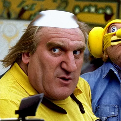 Image similar to Gérard Depardieu as Wario, yellow overall, yellow cap, the letter W, in a kart