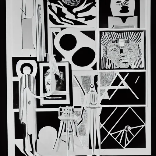 Image similar to A black and white photography in sérigraphie of an exhibition space with works of Sun Ra, Marcel Duchamp and tropical plants - W 1280