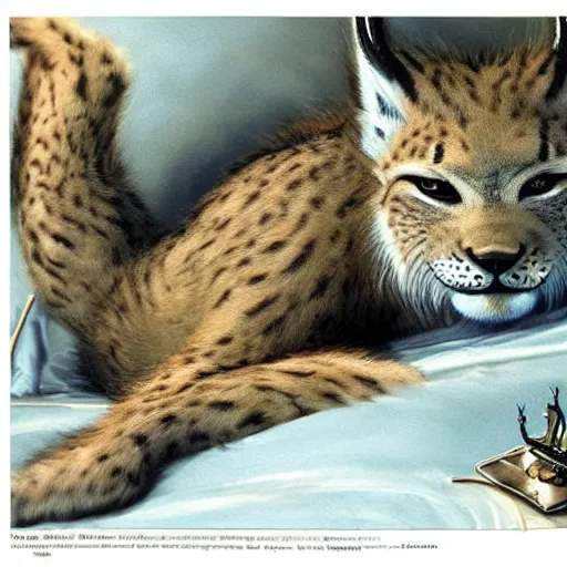 Image similar to hairy maned lynx - headed romantic hero in satin robe, laying on sci fi bed, science fiction, pulp sci fi, michael whelan, ron cobb, highly detailed, mignogna, illustration