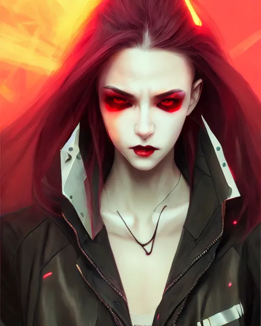 Image similar to beautiful female vampire, cyberpunk streetwear, cybernetic features, detailed portrait, cell shaded, 4 k, vivid colours, concept art by wlop, ilya kuvshinov, artgerm, krenz cushart, greg rutkowski, pixiv. cinematic dramatic atmosphere, sharp focus, volumetric lighting, cinematic lighting, studio quality