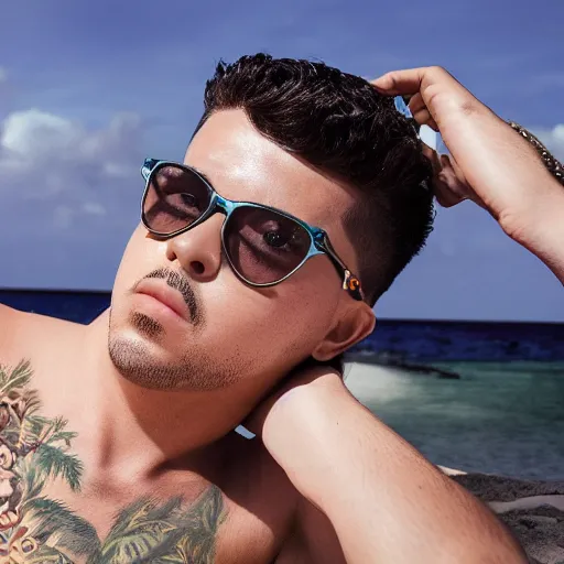 Prompt: music artist bad bunny relaxing in aruba, hyper realistic, highly detailed, award winning photo