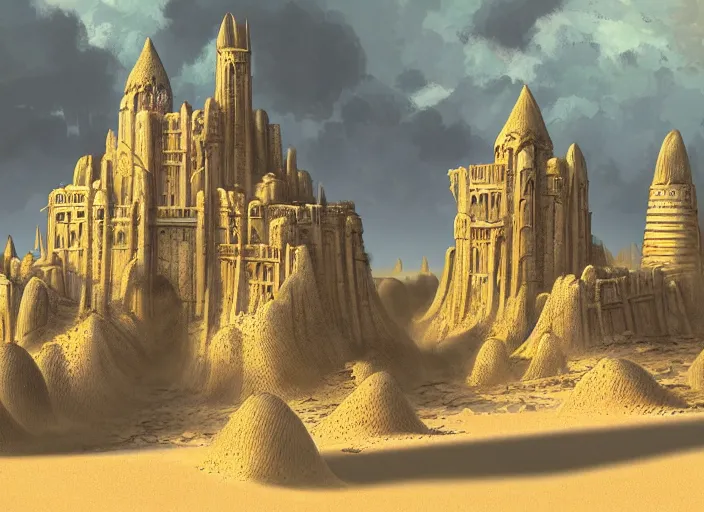 Image similar to architectural cover concept art of the lost sand city, ruins, golden towers, golden pillarsl. digital art, art station, realista,