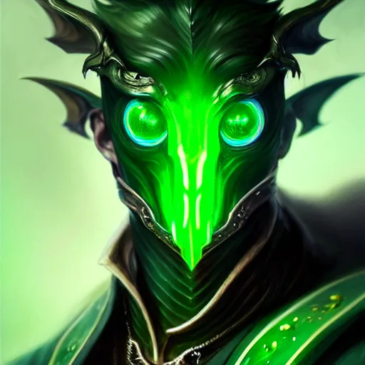 Prompt: a highly detailed portrait of a man with dark green hair and green glowing eyes, high detail clothing, fantasy, elegant, highly detailed, digital painting, artstation, concept art, smooth, sharp focus, illustration, artbook, dynamic pose, splash art, promo art, soul caliber, art by artgerm and greg rutkowski and bo chen and jin xiaodi