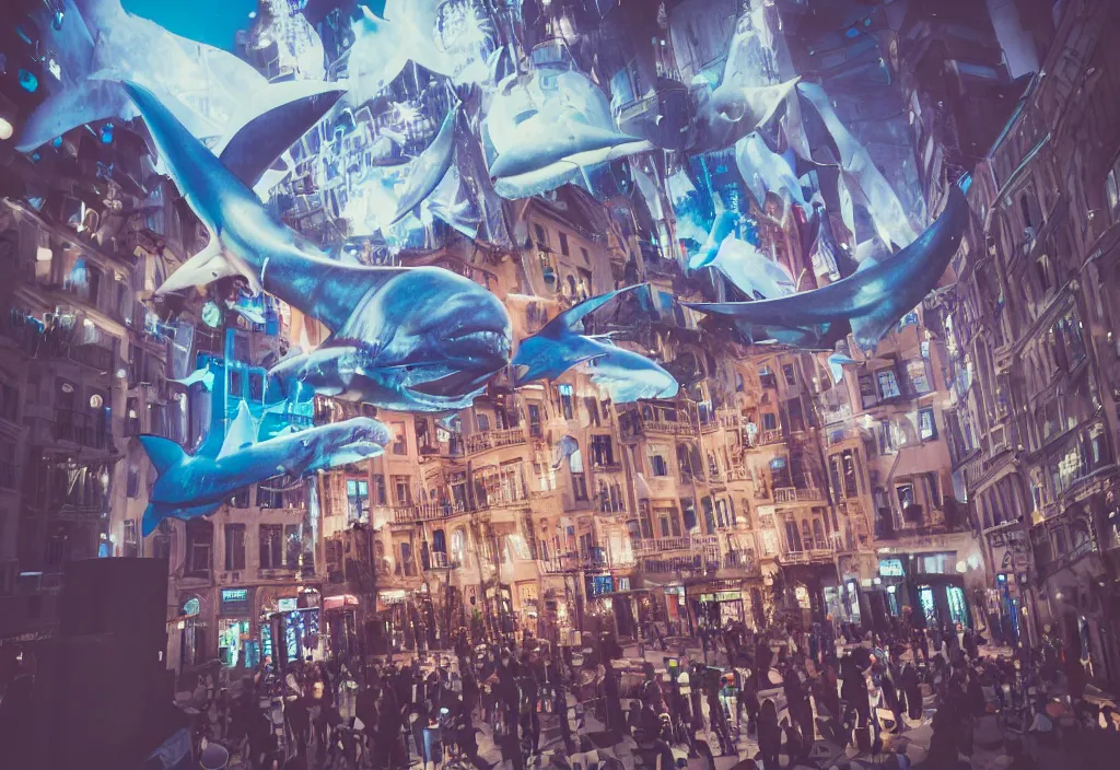 Image similar to 3 d 🦈 popping out of curved screen, town square, volumetric lighting, bokeh, creterion collection, shot on 7 0 mm, instax