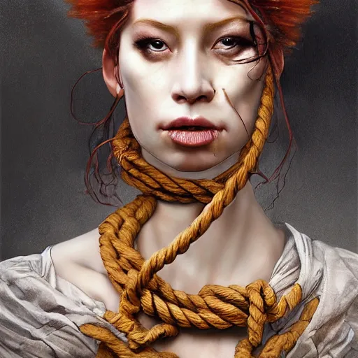 Image similar to portrait of a Shibari rope wrapped face and neck, headshot, insanely nice professional hair style, dramatic hair color, digital painting, of a old 17th century, old cyborg merchant, amber jewels, baroque, ornate clothing, scifi, realistic, hyperdetailed, chiaroscuro, concept art, art by Franz Hals and Jon Foster and Ayami Kojima and Amano and Karol Bak,