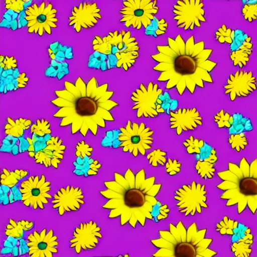 Prompt: a sunflower emoji, unicorns im background, candyland.