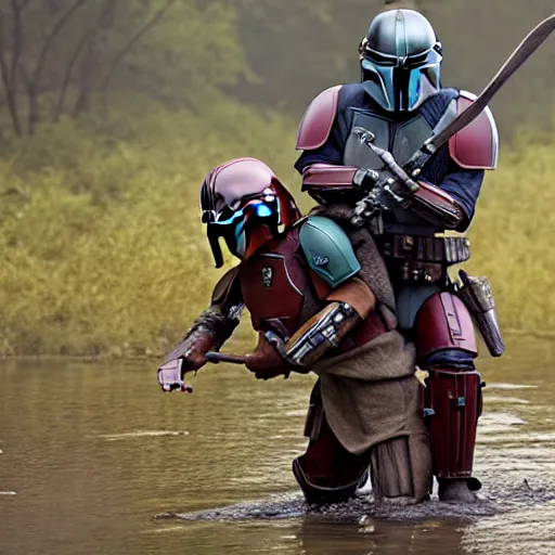 Image similar to mandalorian carrying grogu through swamp, stunning cinematography, light diffusion