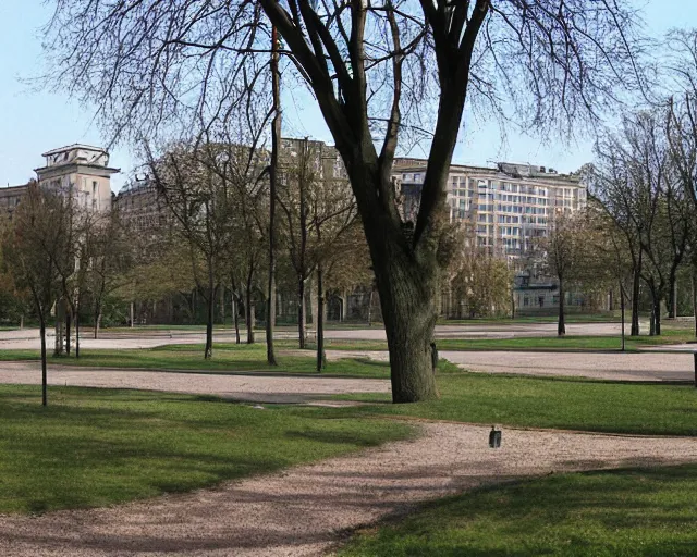 Prompt: a park with trees and buildings in the background, a photo by zlatyu boyadzhiev, deviantart, danube school, panorama, 1 9 9 0 s, creative commons attribution