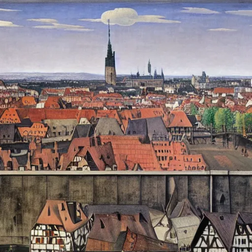 Prompt: A picture of Nuremberg, painted by Paul Delvaux