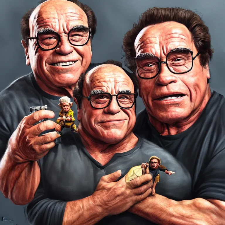 Image similar to Portrait of Danny DeVito holding a miniature Arnold Schwarzenegger gently in his hands, highly detailed, concept art, illustration, cinematic, artstation, digital painting, mystical, zen