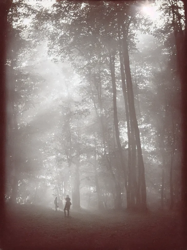 Prompt: a boy and a girl side by side, posing for a picture, a ray of light between their faces, god rays through fog, nostalgic, night, some trees in the background, dramatic reddish light, atmospheric, 1 9 7 0 s polaroid