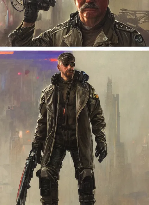 Prompt: Modern Teddy Roosevelt. Cyberpunk merc in tactical gear. plastic raincoat. blade runner 2049 concept painting. Epic painting by James Gurney, Azamat Khairov, and Alphonso Mucha. ArtstationHQ. painting with Vivid color. (rb6s, Cyberpunk 2077)