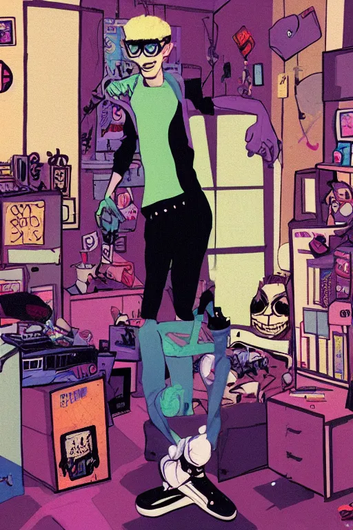 Image similar to a skinny goth guy standing in a cluttered 9 0 s bedroom by jamie hewlett, jamie hewlett art, full body character concept art, vaporwave colors, digital painting, hd, ultra hd, detailed, award winning,